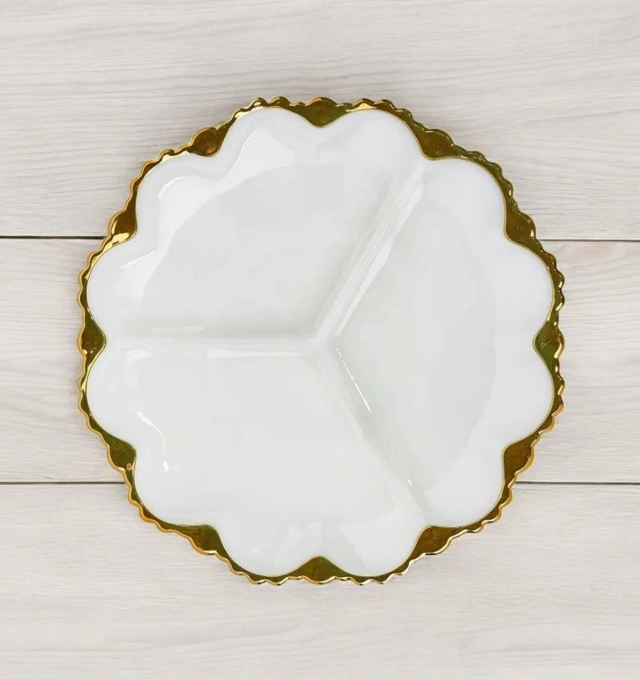 Vintage Milk Glass Three (3) Section Serving Plate Canapé Dish with Gilded Rim Gold Rim ~ 10”D x 1”T - Timeless Treasures  Emporium1
