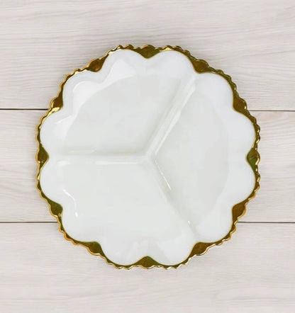 Vintage Milk Glass Three (3) Section Serving Plate Canapé Dish with Gilded Rim Gold Rim ~ 10”D x 1”T - Timeless Treasures  Emporium1