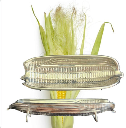 Vintage Stainless Steel Metal Corn Cob Holders Trays/Plates Platter-CORN On The COB /Textured Corn Holders | Glass Corn Dish ~ Set of 2 - Timeless Treasures  Emporium1