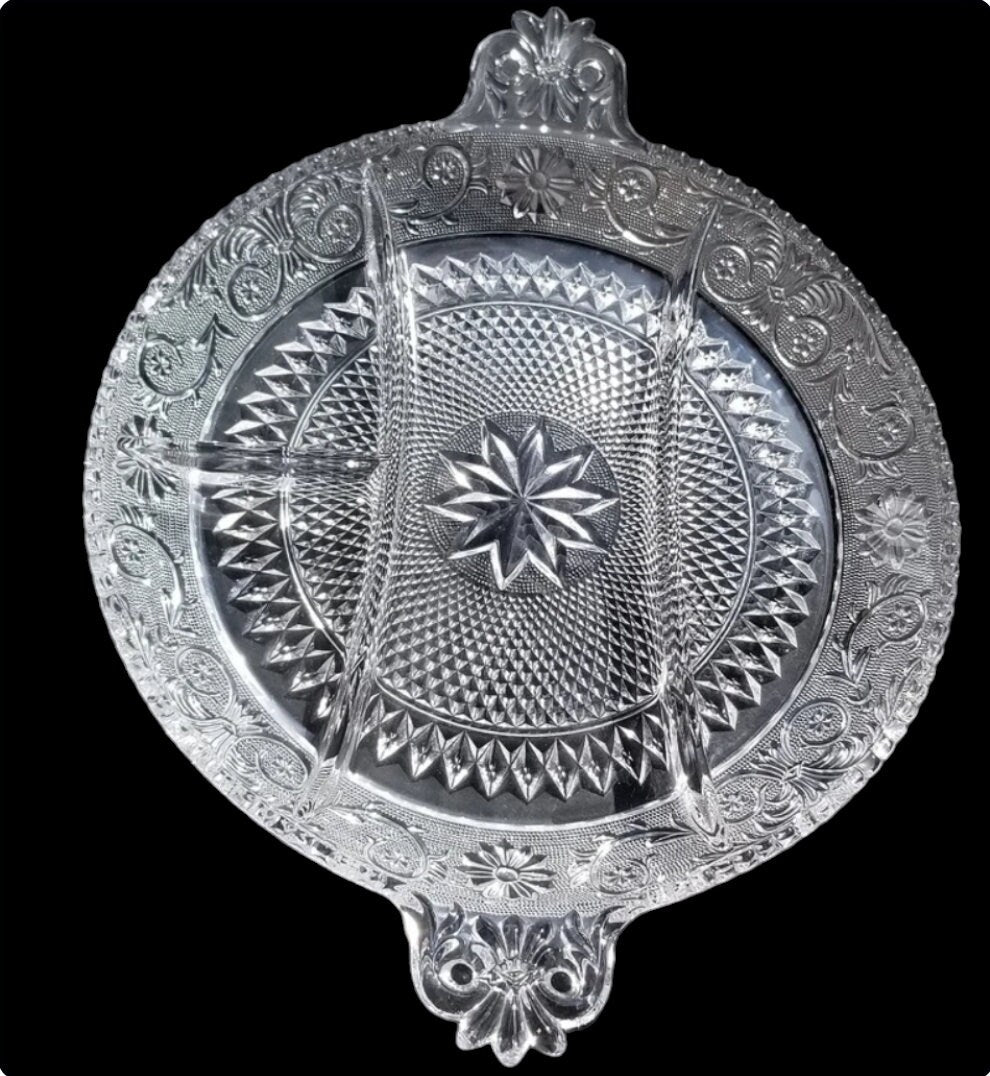 Vintage Depression Clear Glass Handled Sectioned Serving Tray / Platter, Sandwich by Duncan Miller ~ 14"