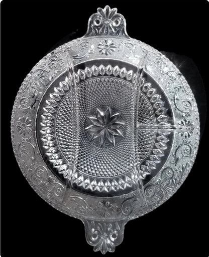 Vintage Depression Clear Glass Handled Sectioned Serving Tray / Platter, Sandwich by Duncan Miller ~ 14"
